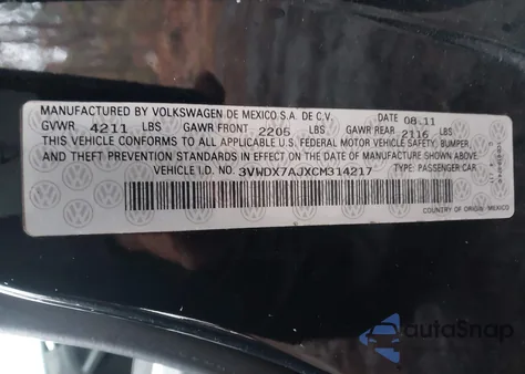 2012 Volkswagen Jetta 2.5L Se из США, поврежденный, VIN 3VWDX7AJXCM314217